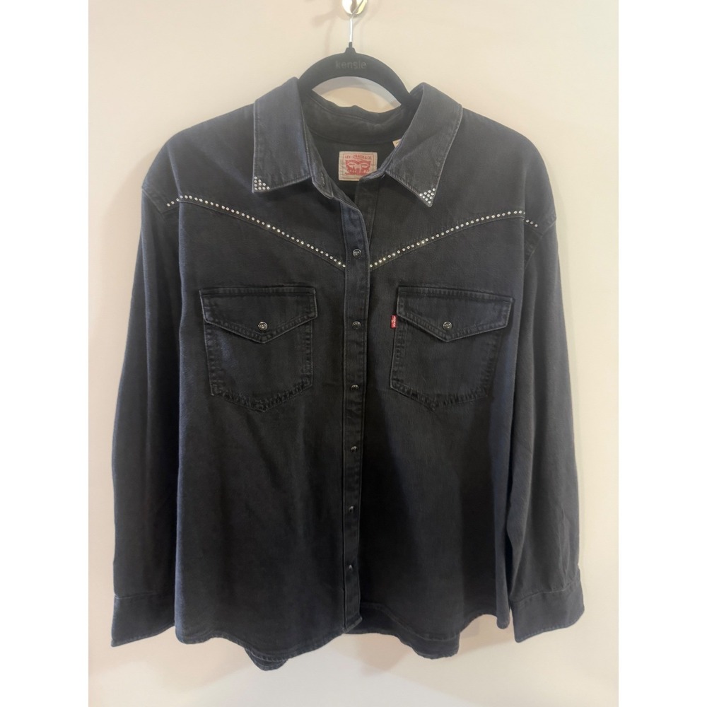 Levis Womens XL Black Denim Western Rhinestone Studded Snap Button Shirt l